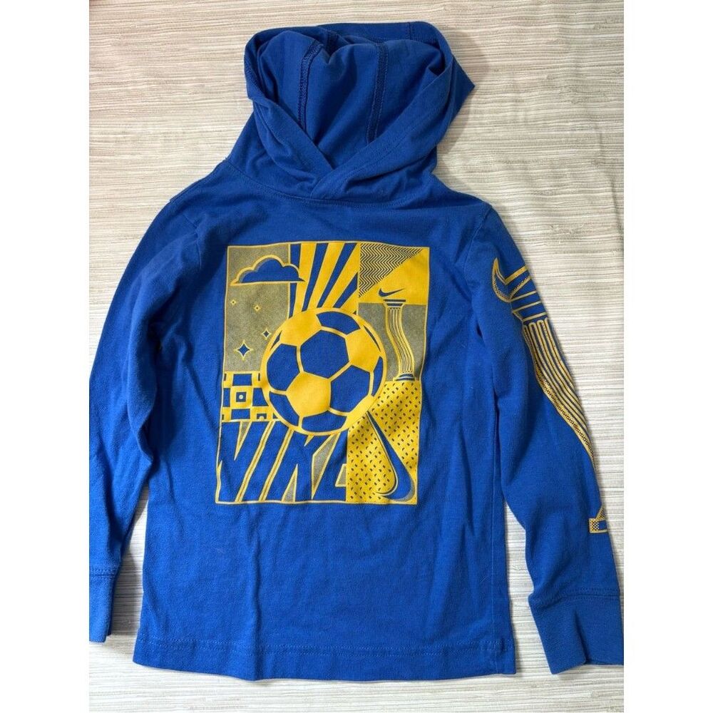 NIKE 4 kids soccer long sleeve hooded tee blue and yellow good condition